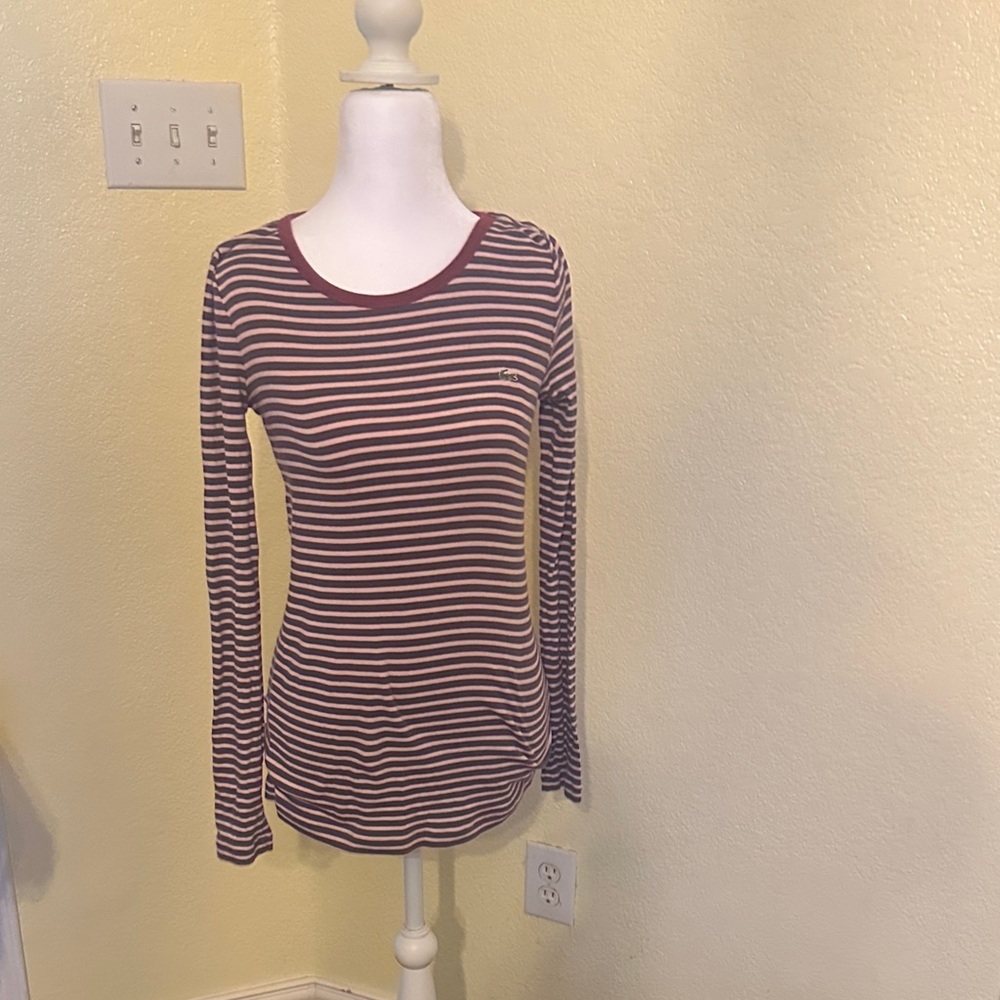 Lacoste Burgundy and White Striped Long Sleeve Tee